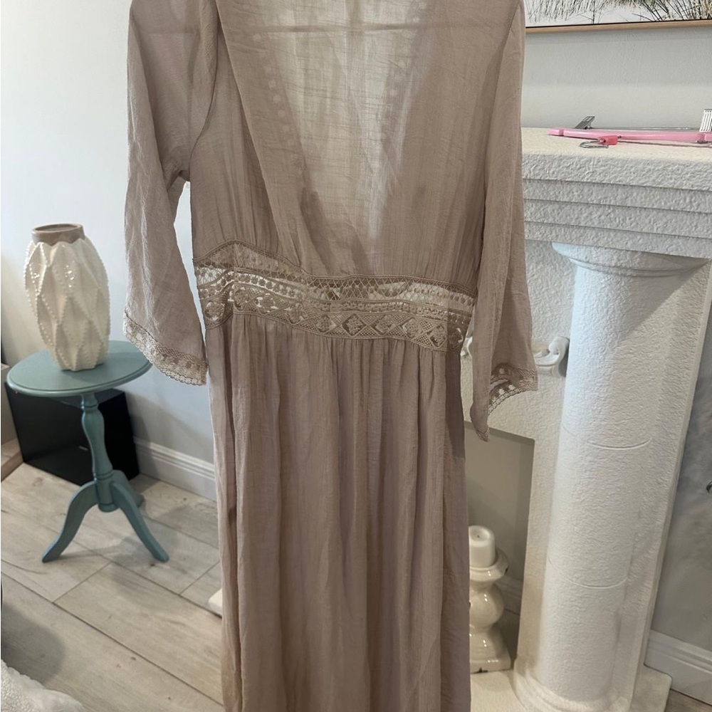 Bohemian Beige open front with tie on waist Maxi cover up with Lace Detail